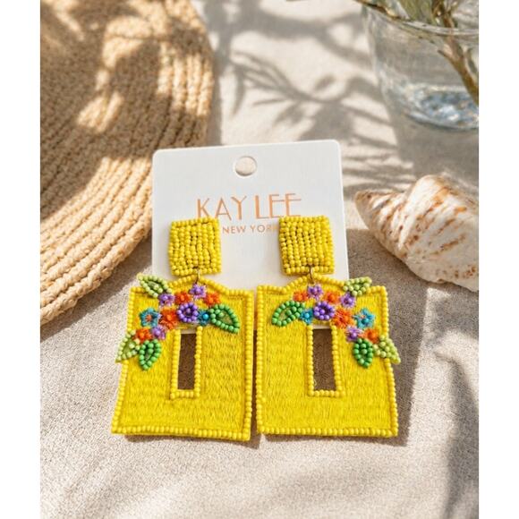 Kay Lee Jewelry - Kay Lee Yellow Square Floral Beaded Earrings New